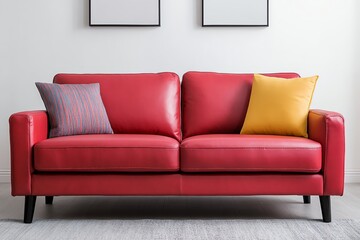 Red leather sofa with pillows in living room