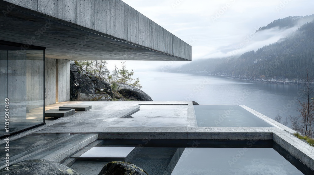Poster modern minimalist architecture with concrete structure and water view near mountains