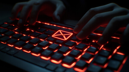 Cybersecurity: Typing in the Dark: A close-up shot of hands typing on a glowing red keyboard,...