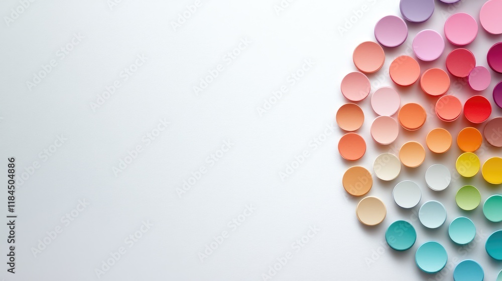Poster colorful round paint samples arranged in gradient pattern on white background