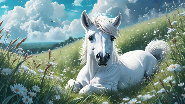 white horse foal, resting in the soft grass