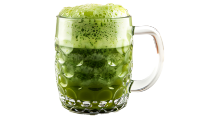 A frothy mug of green beer with condensation, isolated on white background, cut out 