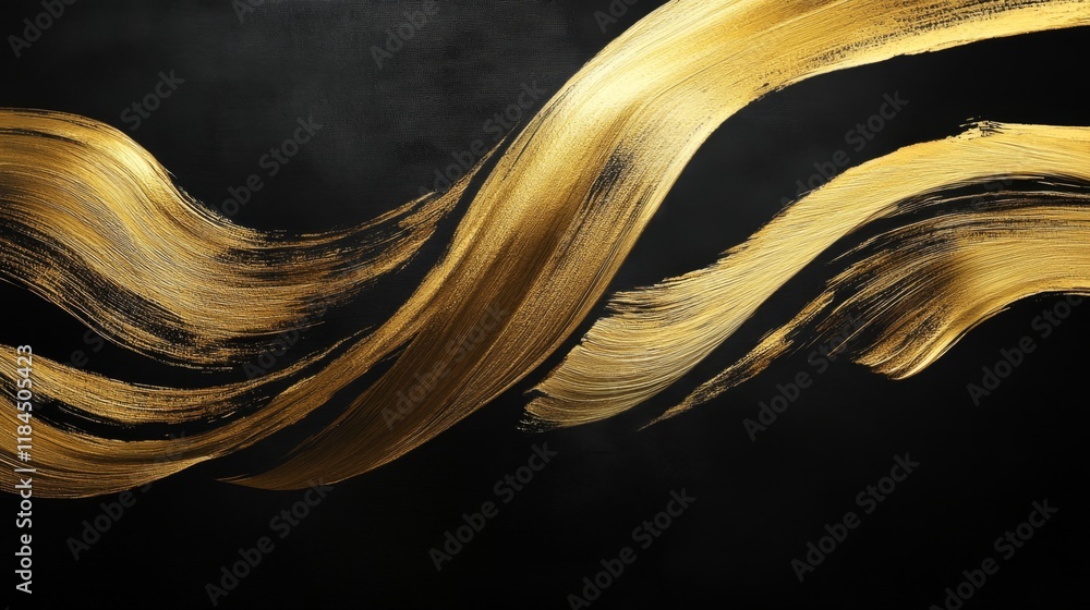 Poster dynamic gold brush strokes on black canvas abstract art modern design gallery space close-up view cr