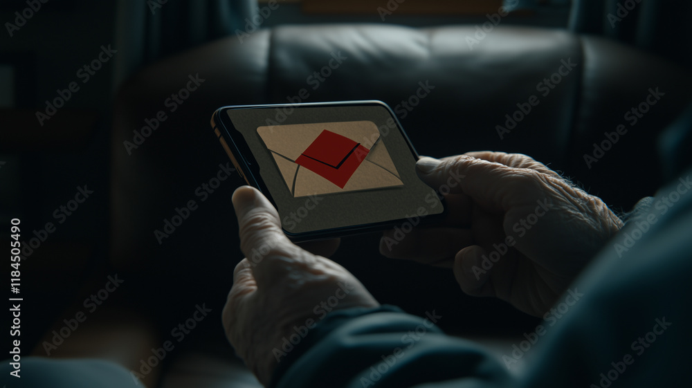 Poster urgent email notification: close-up of elderly hands holding a tablet displaying a red notification 