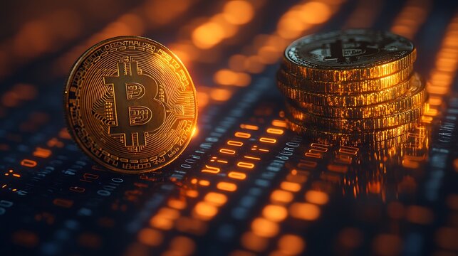 close-up of a Bitcoin coin resting on a screen displaying a stream of binary code