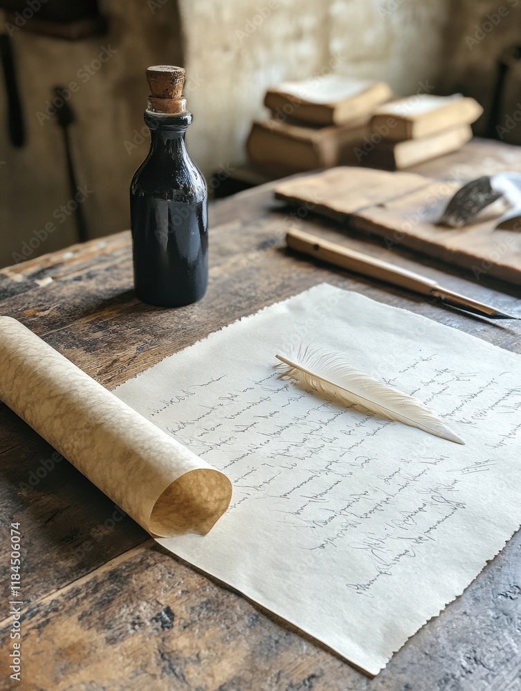 Poster elegant calligraphy tools featuring a feather quill, ink bottle, and parchment ready for creative ex