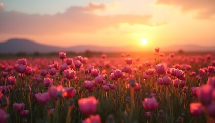 Naklejka premium A field full of pink flowers with the sun setting in the distance in the distance is a mount