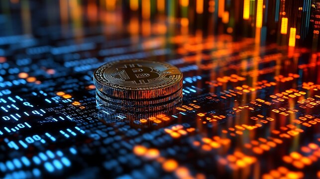 close-up of a Bitcoin coin resting on a screen displaying a stream of binary code