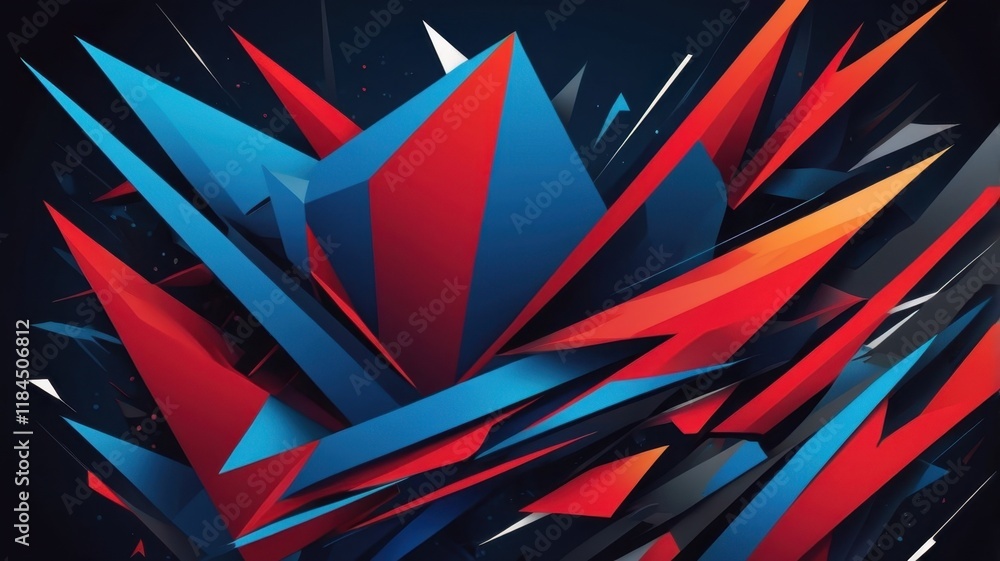 Poster dynamic interplay of red and blue geometric shapes creates a striking abstract composition with shar