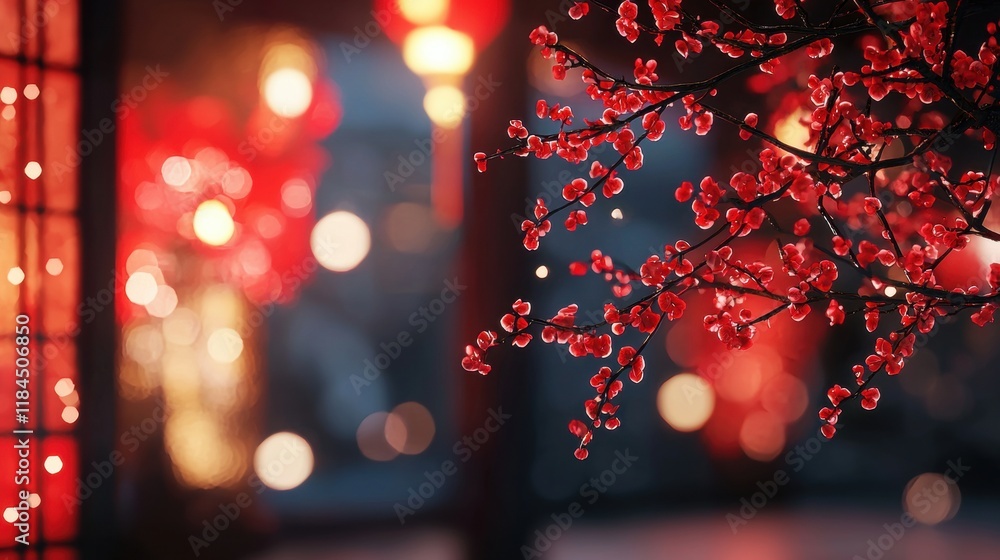 Poster blossom branch with red flowers in a festival setting with lanterns and bokeh effect