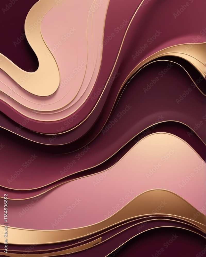 Poster elegant abstract waves in rich burgundy and blush tones with golden accents creating a dynamic and m