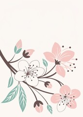Fototapeta premium A delicate floral illustration featuring pink and white blossoms with green leaves against a soft background.
