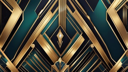 Intricate art deco design featuring elegant gold and teal patterns with geometric shapes