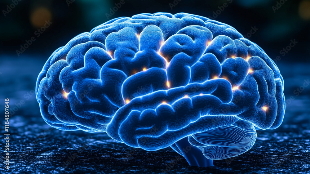 Poster illuminated mind: a 3d rendering of a human brain, glowing with bright, pulsating light, suggesting 