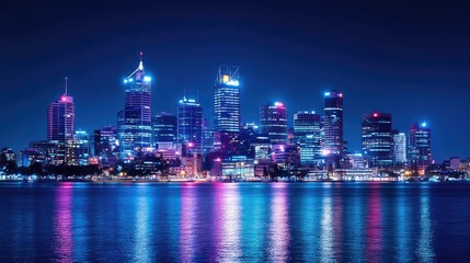 Fototapeta premium Beautiful Nighttime City Skyline with Illuminated Reflections on Calm Water