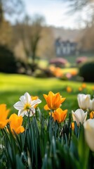 Fototapeta premium Vibrant Springtime Floral Display in Idyllic Countryside Garden Landscape