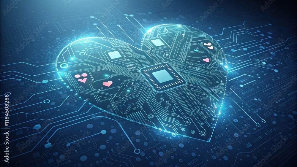 Poster a digital heart composed of circuit patterns, symbolizing the fusion of technology and emotion.