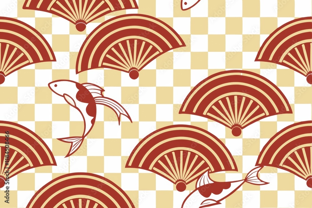 Poster a patterned design featuring red fish and fans on a light checkered background, blending traditional