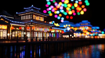 Obraz premium Colorful Festival Lights Reflecting on Water with Traditional Architecture at Night