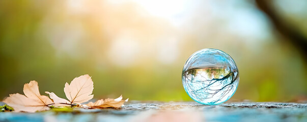 Crystal ball reflecting autumn trees, leaves on ground, nature background; zen, peace, environment concept