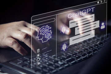ChatGPT Chat with AI or Artificial Intelligence technology Entrepreneur using a laptop computer...