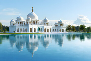 Fototapeta premium Serene reflection of a stunning white mosque on a tranquil lake, showcasing exquisite architecture and peaceful surroundings.