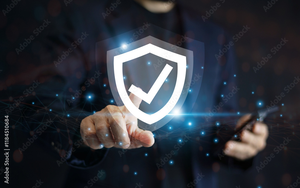 Aufkleber businessman use mobile phone technology with advanced cyber security shield, ensuring the protection