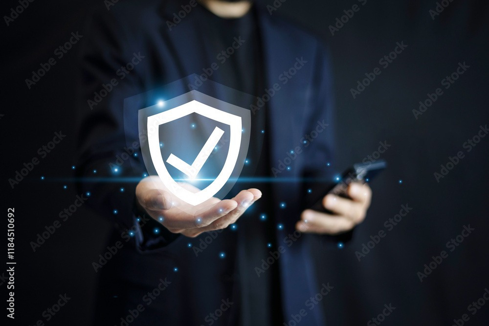 Aufkleber businessman use mobile phone technology with advanced cyber security shield, ensuring the protection
