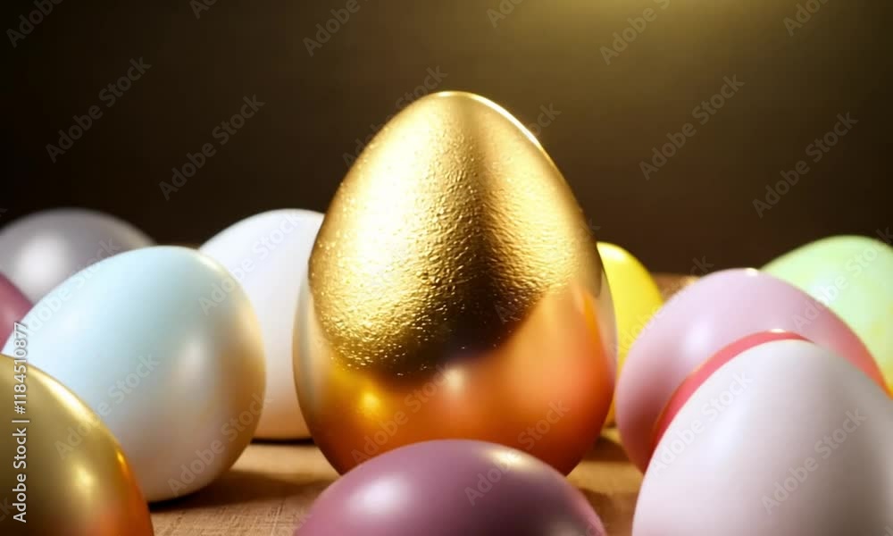 Poster easter a bunch of colorful eggs with a golden egg on top. the eggs are arranged in a way that the go