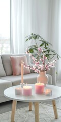  Minimalist Valentine's Day decor, soft candles, pastel pink white tones, surprise date, elegant styling, romantic atmosphere, banners, wallpapers, anniversary, social media, marketing materials.