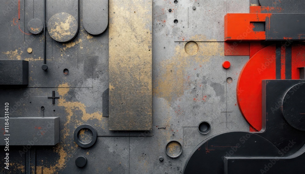 Aufkleber abstract geometric composition with metallic and red elements on textured surface