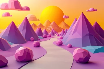 Selbstklebende Fototapeten Low-poly landscape of pastel mountains, winding path, and a setting sun. © Arbystudio