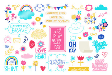 Set of cute hand drawn labels. Colorful collections of Frames, Numbers, Calendar elements and Decoration Vector Elements