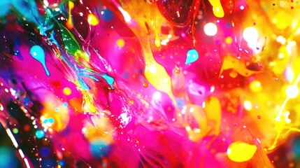 A vibrant abstract composition featuring colorful splashes and fluid shapes.