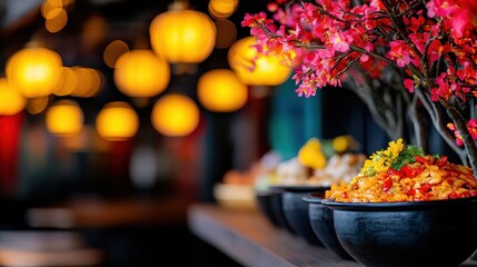 Vibrant Asian Cuisine Plated with Decorative Flowers and Lanterns in Background