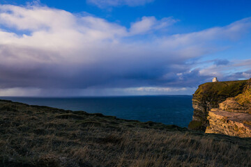 Grass, sky, rain, waves, cloudy, Cliffs of Moher at sunset, Co. Clare, Ireland. Sunse, perfect wallpaper.