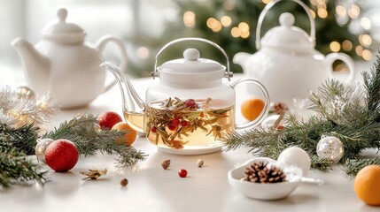 Fototapeta premium Elegant Teapot with Herbal Tea Surrounded by Festive Decor and Holiday Elements
