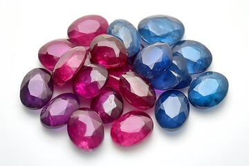 Blue and pink gemstones on white background, close up view.