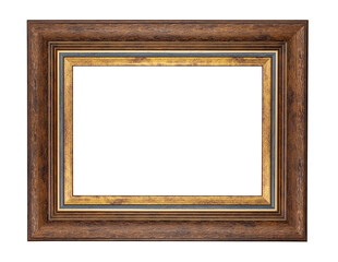 Empty classic brown picture frame with golden details isolated cutout on a transparent background.