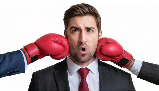 The Business Punch: A businessman is caught in the crossfire, fists flying from both sides, symbolizing the relentless pressure and competition in the corporate world.  