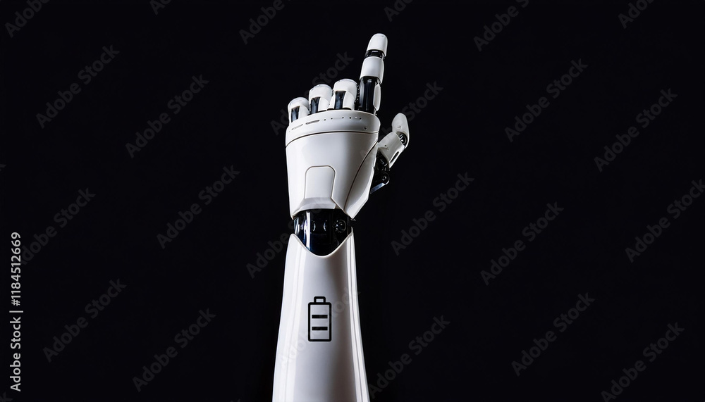 Poster robotic hand pointing upwards: a sleek, white robotic hand points upwards, symbolizing the potential