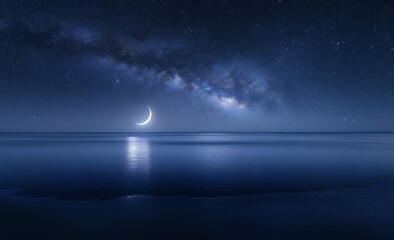Crescent Moon and Milky Way over Tranquil Ocean at Night
