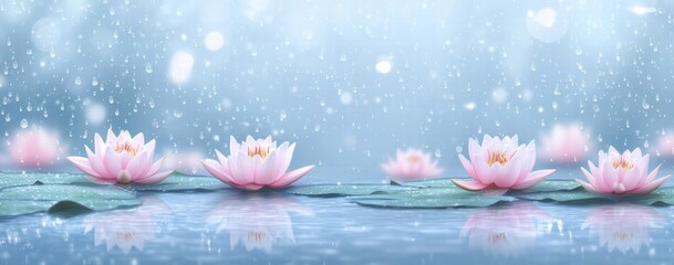 A beautiful image of a pond with several pink flowers floating on the water