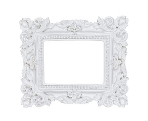 Empty white vintage frame with baroque ornaments isolated cutout on a transparent background.