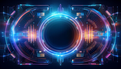 Fototapeta premium Futuristic Tech Interface: An abstract, futuristic interface with glowing blue and orange lights and a central black circle, perfect for technology, science fiction, or innovation themes.