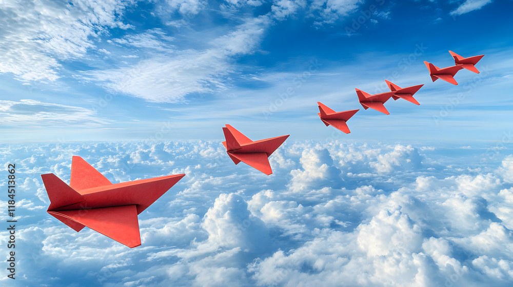 Poster red paper planes fly in formation above fluffy clouds, symbolizing teamwork and progress; ideal for 