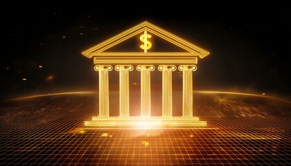 Obraz premium Global Financial Power: A digital rendering of a stylized bank building, with a golden dollar sign atop, illuminating a futuristic cityscape. The image evokes the strength, stability.