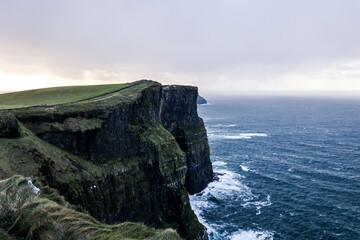 Grass, sky, rain, waves, cloudy, Cliffs of Moher at sunset, Co. Clare, Ireland. Sunse, perfect wallpaper.