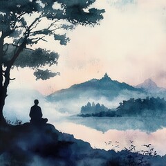 Meditating monk in silhouette, twilight hues, tranquil setting, Watercolor style