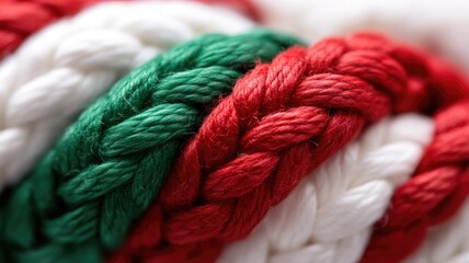 Close-up of braided red, green, and white ropes intertwined